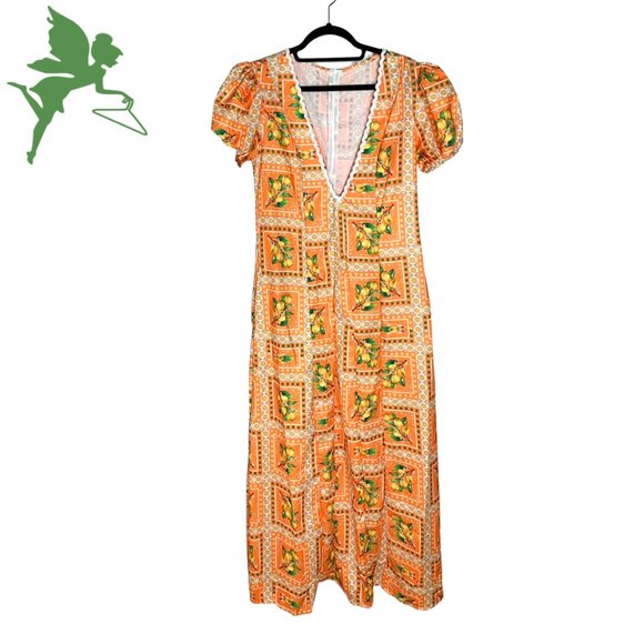 Unique Backless Deep V-Neck Lemon Print Maxi Dress